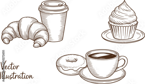 Hand drawn bakery vector illustration, coffee cup croissant cupcake donut breakfast dessert set food sketch