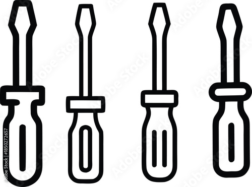 Set of four different screwdriver tool icons in black and white over a transparent grid background
