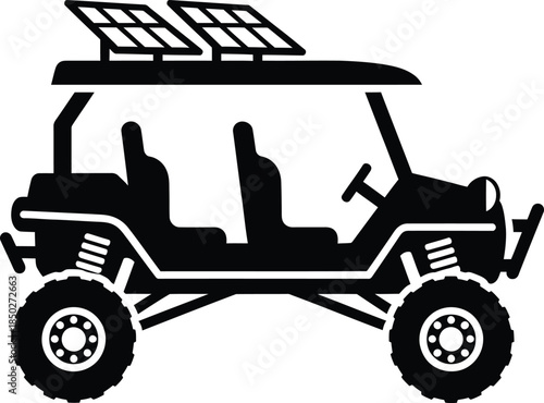 Off road solar powered golf cart silhouette vector icon of a green energy electric utility vehicle with large tires and roof panels for sustainable adventure transportation.