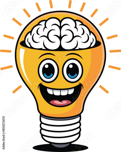 Creative brain lightbulb with big eyes and smile symbol of idea generation concept