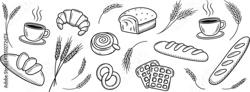 Bakery breakfast sketch collection with bread croissant coffee wheat pastry hand drawn vector illustration design