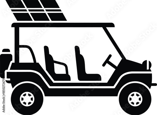 Solar powered golf cart silhouette vector icon of a green energy electric vehicle with roof panels for sustainable transportation on golf courses or resort parks.