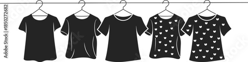 Black t shirt clothing silhouettes hanging on rack vector illustration fashion apparel minimalist design