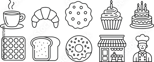 Bakery icon set with coffee croissant bread donut cake chef shop outline vector illustration design