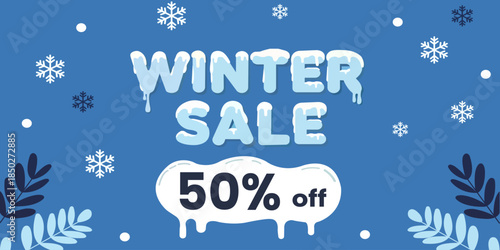 Winter sale 50% off vector banner with frozen icicle typography and snowflakes on blue background. Seasonal holiday discount template with snow-capped text and leaf branches for retail marketing.