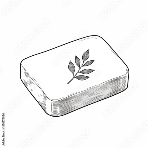 Hand drawn illustration of a bar of soap with a leaf design.