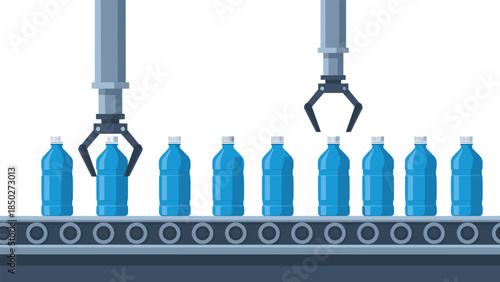 Uniform line of blue plastic water bottles on a conveyor belt, efficiently handled by robotic arms in an automated factory production line.