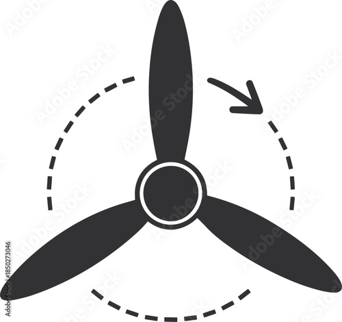 Icon of a rotating propeller with directional arrow and dashed circle symbol rotation