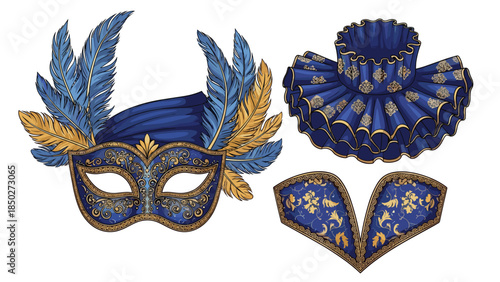 Elegant set of Venetian carnival costume elements, including a vibrant feathered mask, a ruffled collar, and decorative shoulder pieces.