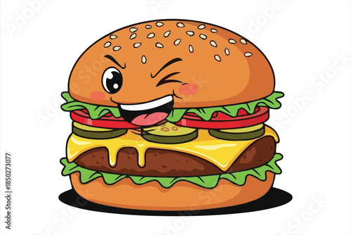 A cheerful cartoon hamburger with a winking face cheese and fresh toppings