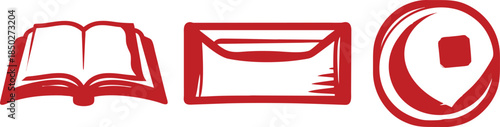 Red Silhouette Icons of Open Book, Envelope, and Coin vector illustration
