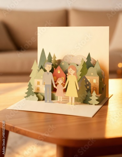 Delightful paper craft family scene with whimsical trees and houses in cozy indoor setting