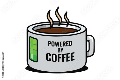 A steaming cup of coffee with a battery indicator and motivational text