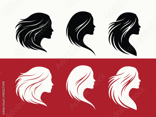 Six different side profile silhouettes of female heads with various hair styles