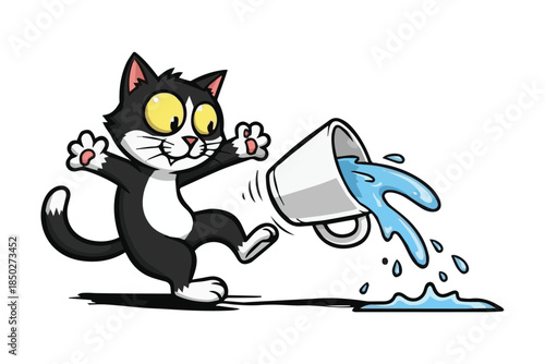 A startled black cat runs from a tipping mug of spilled liquid