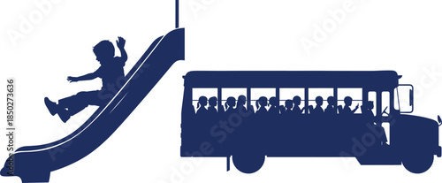 Silhouette of a child sliding down a slide next to a school bus full of children kids
