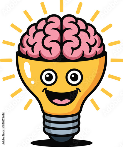 Creative concept of brain with cartoon face inside lightbulb with rays vector design