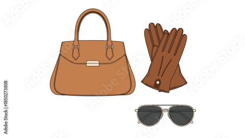 Elegant fashion accessory set featuring a stylish brown handbag, classic brown leather gloves, and trendy aviator sunglasses.