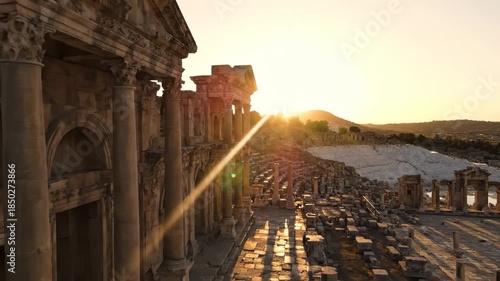 The sun sets behind ancient ruins, illuminating the stone columns and creating long shadows on the ground. The historic site features remarkable architecture and hints of a storied past.