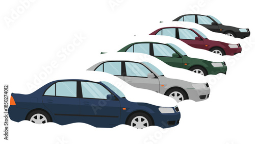 Row of several diverse colored sedans partially covered in a blanket of fresh snow, indicating winter weather conditions.