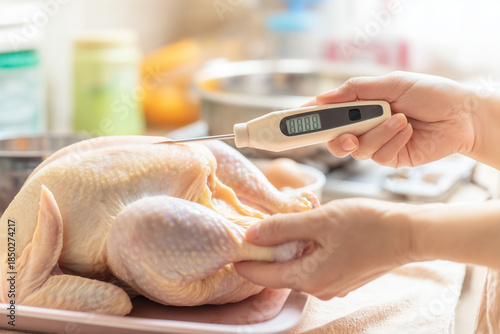 Person checking internal temperature of raw chicken with a digital kitchen thermometer. Clean kitchen counter, food safety concept to prevent Campylobacter and other foodborne bacteria