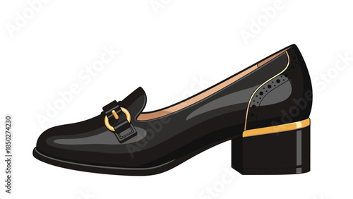 Classic black low-heeled loafer with a stylish gold buckle and decorative brogue detailing, combining comfort and elegance.