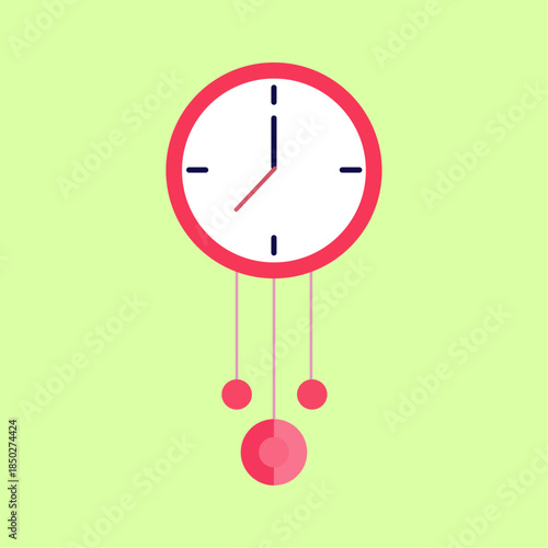 Stylized pendulum clock with three pink spheres, minimalist flat illustration on a light green background
