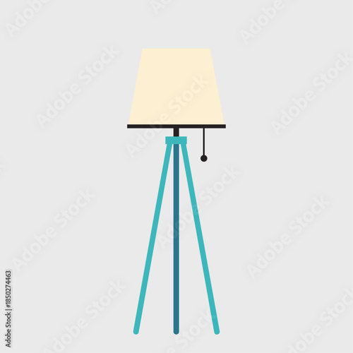 Stylish tall floor lamp with a cream shade and a turquoise tripod base on a light gray background, flat illustration
