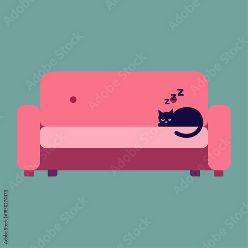 Sleeping black cat curled up on a plush pink sofa with a subtle 'zzz' motif, flat illustration