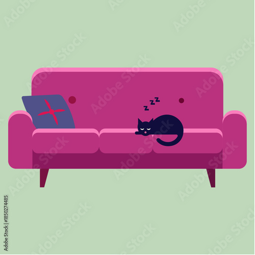 Black cat napping on a vibrant pink sofa with a patterned pillow nearby, flat illustration