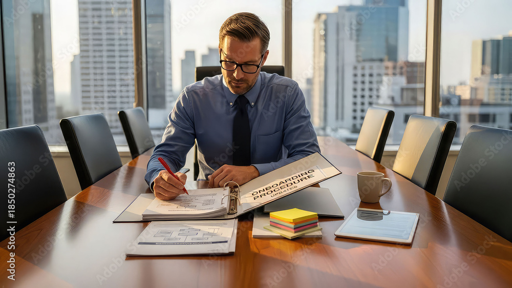 Obraz premium Businessman in glasses reviewing onboarding procedure documents in a modern