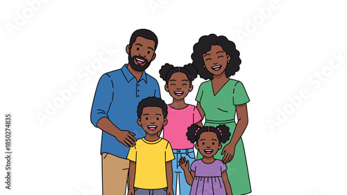 Joyful African American family portrait featuring a smiling mother, father, and their three happy children standing together, celebrating family bonds and togetherness against a white background.