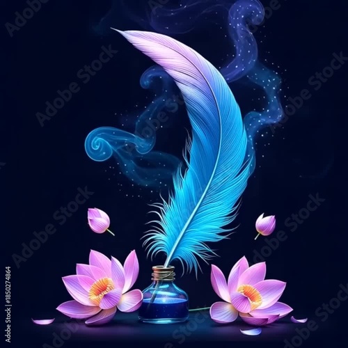Artistic ink bottle with feather and flowers, vintage writing concept, creative literature illustration