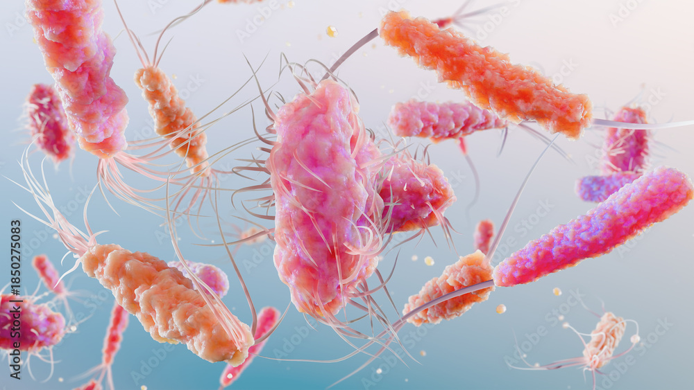 Bilde på lerret Bacteria with Different Flagella Types, Monotrichous, Amphitrichous, Lophotricho