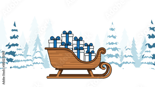 Traditional wooden sleigh filled with neatly wrapped white gift boxes tied with blue ribbons, set against a serene backdrop of snow-covered pine trees, evoking the spirit of Christmas and holidays.