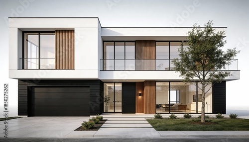 Modern minimalist house design with large windows and wooden accents in a suburban setting