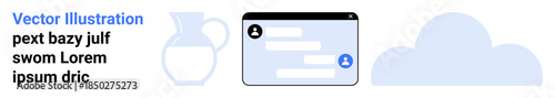 Data storage, communication, minimal design, cloud technology, user interface, online messaging. Chat window with text, blue cloud and pitcher icon. Data storage and communication concept
