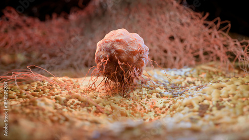 Cancer Cell Growth and Metastasis, Tumor Infection and Invasive Inflammation, Cancerous Cells Spreading Over Tissue, Viral Infection and Lymphocytes in Cancer Immunotherapy, 3D Medical Illustration Re