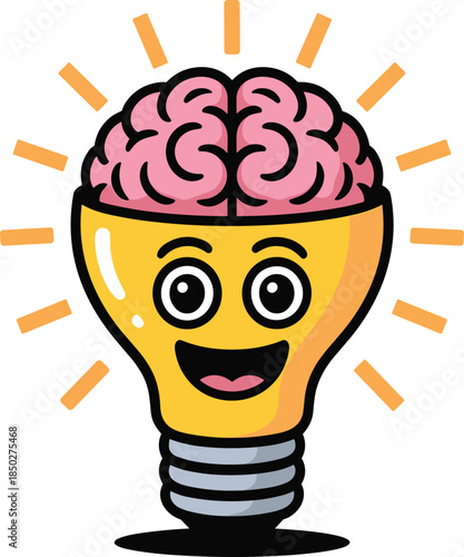 Smiling cartoon brain character in creative lightbulb with rays vector illustration