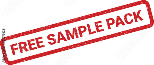 Grungy red rubber stamp with an angled perspective, presenting the message FREE SAMPLE PACK