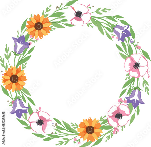Elegant circular floral wreath vector illustration featuring colorful sunflowers anemones and purple bellflowers with green leaves for wedding invitations and seasonal spring branding