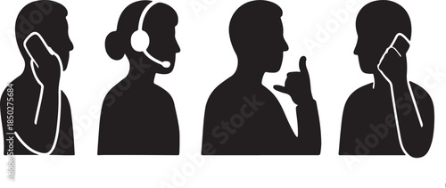 Silhouette icons depicting customer service agents and people communicating via mobile phone or making the shaka hand gesture