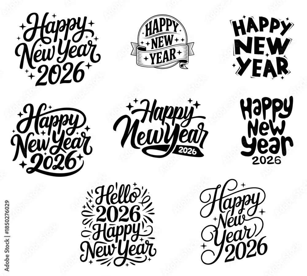 Fototapeta premium Happy New Year 2026 Typography Bundle Set Vector