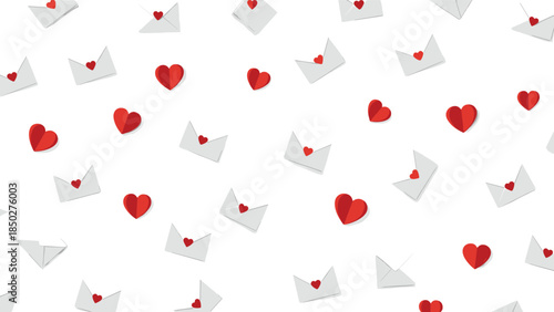 Seamless pattern of scattered white envelopes with red hearts and individual red paper hearts, creating a charming and romantic background for Valentine's Day and love-themed designs.