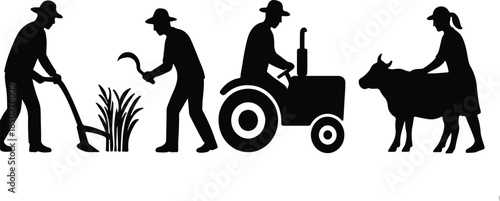 Black silhouette graphic depicting diverse agricultural workers plowing harvesting driving a tractor and tending livestock on a farm