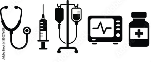 Collection of black and white medical equipment icons including a stethoscope syringe iv drip monitor and medicine bottle for healthcare