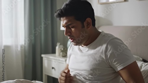 Caucasian man experiencing stomach pain, nausea, and discomfort in his bed at home for health, medical, or digestion concepts.