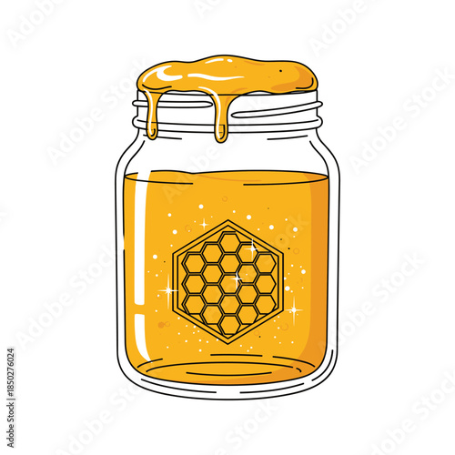 Honey in jar with honeycomb on label dripping