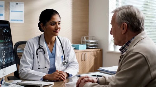 Woman doctor explaining medical data on monitor to an older patient during consultation for healthcare analysis