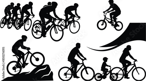Collection of diverse black silhouette vector graphics depicting various cycling activities including road racing mountain biking bmx stunts and family rides